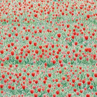 Pointillism painting of tulip field in Amsterdam, full-body view, wide shot, on a plain white background