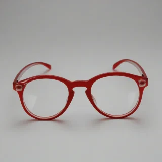 A pair of red rim eye glasses, full-body view, on a plain white background, with a wide-angle shot, in the style of digital illustration, on a plain white background, even lighting 
