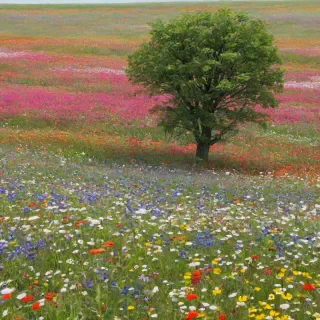 wide shot of a field of colorful wild flowers with one large tree in the middle, plain white background