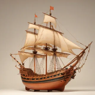 A majestic Renaissance-style sailing ship with a hull adorned in salmon-colored accents, full-body view, wide shot, with visible sails and a prominent bow, set against a plain white background, with warm golden lighting and dynamic shadows, in the style of a 16th-century oil painting, on a plain white background, even lighting 