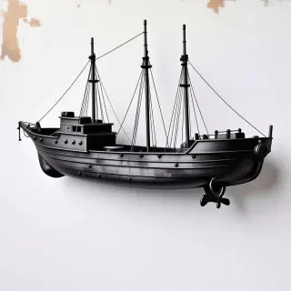 A silver ship with a grunge aesthetic, full-body view, wide shot, with visible anchors and ropes, on a plain white background, with a distressed and worn texture, and a dark, muted color palette