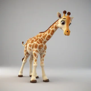 A cartoon style cute baby giraffe with a smile, in 3D animation style, full-body view, with bright and vibrant colors, standing on a plain white background, with a wide-angle shot, and dynamic lighting, featuring a small, rounded body, large eyes, and a tiny nose, with a happy and playful expression, on a plain white background, even lighting, on a plain white background, even lighting, on a plain white background, even lighting 