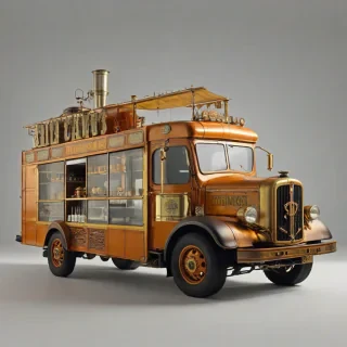 A vintage, orange, dieselpunk-themed food truck, with brass accents and a steam-powered engine, in a wide shot with the entire truck visible, including the wheels and exhaust pipe, on a plain white background, with a warm, golden lighting and a subtle, dynamic shadow effect, on a plain white background, even lighting