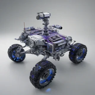 A highly detailed, hyperrealistic, full-body view of a futuristic rover named Violet, with a metallic silver and blue body, standing on a plain white background, with precise lighting and shadows, in a wide-angle shot, with a focus on the intricate details of the rover's design and machinery, with a sense of depth and realism, on a plain white background, even lighting 