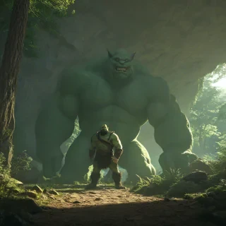 A large, green, full-body view ogre with sharp teeth and a menacing grin, standing in front of a cave in the middle of the forest, in a wide shot with its feet visible, with a dynamic backlight and hard rim light, in the style of a digital illustration