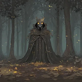 2d cartoon animation art style of a woodland guardian with a crown of wood and a cloak of dark leaves, fantasy vibes, forest setting, dark lighting, glowing eyes, deep shadows, digital painting aesthetic, 2d imagery, limited color palette of mostly greys and browns, simple character and setting design, simple shapes