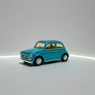 a blue and green toy car under bright lighting on a plain white background, even lighting, on a plain white background, even lighting