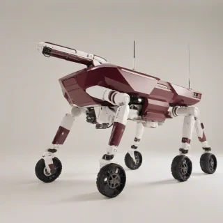 A low poly, burgundy, robotic rover, with a futuristic design, standing on a plain white background, in a wide shot with its wheels and robotic arms fully visible, under a soft, warm lighting with a slight gradient effect, on a plain white background, even lighting 