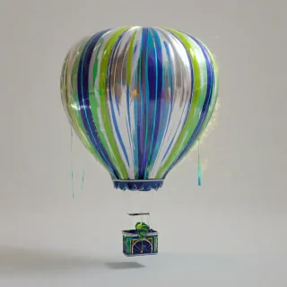 A full-body view of a vibrant hot air balloon, with a shiny metallic envelope, standing on a plain white background, with bright lime green accents and glowing blue accents, in a wide shot, with a sense of dynamic movement, as if it's about to take off, with a mix of digital art and 3D rendering styles, and a hint of magic and wonder in the atmosphere, on a plain white background, even lighting