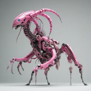 A fully detailed, pink, biomechanical creature with metallic limbs and organic tissue, in a wide shot with its feet visible, on a plain white background, with a mix of digital art and biopunk style, and dynamic shadows, on a plain white background, even lighting