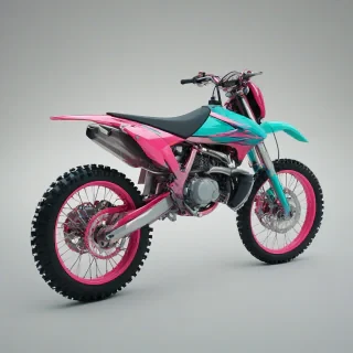 A detailed, full-body view of a dirt bike, with a sleek and shiny red body, the front half transformed into a teal hue, and the back half transitioning into a light pink gradient, sitting on a plain white background, with a wide-angle shot and soft natural light, in a digital art style with bold lines and vibrant colors.