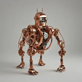 robot made from copper pipes, on a plain white background, even lighting