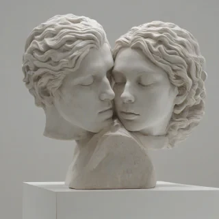 A statue of two human heads with their eyes closed, facing each other and resting their foreheads against each other in a loving way, in a wide shot, full-body view, with the entire sculpture visible, on a plain white background, with soft, warm lighting and gentle shadows, in a realistic, detailed style, with intricate texture and subtle expressions, on a plain white background, even lighting, extremely detailed,