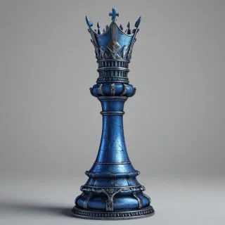 A highly detailed, full-body view of a castle chess piece, with a medieval-style castle tower body, glowing blue accents, and a regal crown on its top, standing on a plain white background, in a wide shot, with its base visible, in a digital art style with dynamic shadows and a hard rim light, on a plain white background
