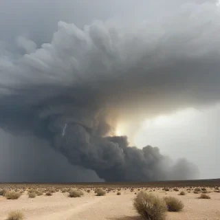 desert landscape with intense storm lighting and wild fires, wide shot, full-body view, on a plain white background