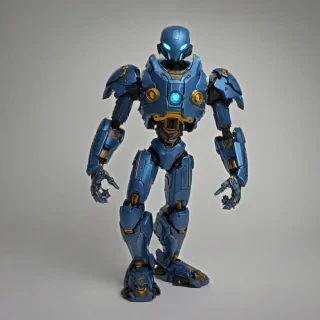 A stylized, Funko Pop-inspired Steel Blue mech suit, full-body view, wide shot, with intricate Gothic details, ornate metallic plating, and bold, flat colors, on a plain white background, with high contrast and a single rim light, in a cartoonish, 2D style, with the mech suit's feet visible and its arms at its sides