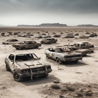 post-apocalyptic desert landscape with destroyed cars, full-body view, wide shot, on a plain white background, mad max style
