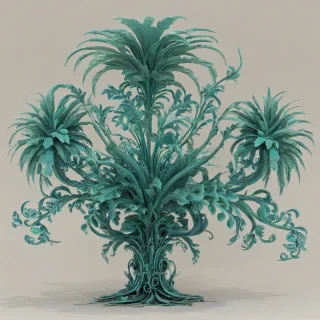 A full-body view of a detailed, turquoise-colored, ornate Baroque-style plant with intricate patterns and designs, set against a plain white background, with soft, natural lighting and subtle shadows, in a wide shot, with the plant's roots and leaves visible, in a digital art style, with bold lines and vibrant colors, on a plain white background, even lighting