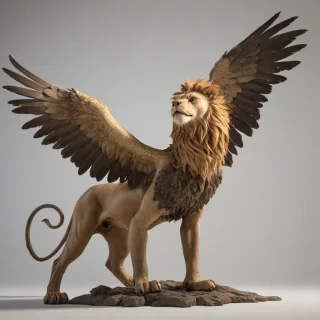 A full-body view of a griffin, with the body of a lion and the head and wings of an eagle, standing on a plain white background, with a wide-angle shot, in a photorealistic art style, with a backlight, and the griffin's feathers are a mix of brown and golden colors, on a plain white background, even lighting, on a plain white background, even lighting 