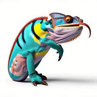 A colorful chameleon in a full-body view with its long, sticky tongue extended out of its mouth, on a plain white background, in a wide shot, with the chameleon's feet visible, in a realistic illustration style with dynamic shadows and a soft, natural light