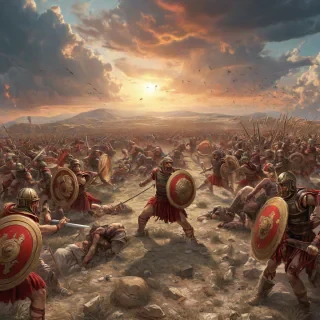 A wide-angle view of a chaotic ancient Greco-Roman battlefield on a plain white background, with Roman legionaries in testudo formation clashing against Greek hoplites, set during the Greco-Roman Wars era, with a dramatic sky and intense lighting, featuring a mix of swords, shields, and spears, in a digital art style with bold lines and vibrant colors, full-body view of the soldiers with feet visible