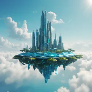 A majestic, futuristic, cyan-colored floating island, with sleek, metallic skyscrapers and neon lights, set against a clear blue sky with a few puffy white clouds, in a wide shot with the entire island visible, on a plain white background, digital art style, high detail, intricate textures, vibrant colors, dynamic lighting, and a sense of depth and dimensionality, on a plain white background, even lighting