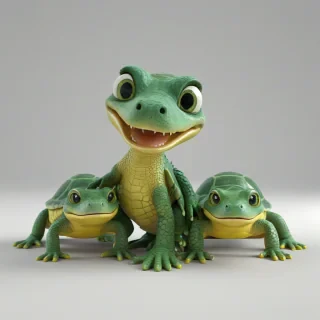3d cartoon animation, only a single animal that has a mix of a baby alligator and a baby turtle, bright and vivid colors, large eyes, short body, round features, tiny nose, tiny feet, cute, happy expression on its face, only one in the shot, on a plain white background, even lighting