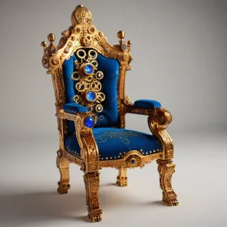A intricately crafted, sapphire-encrusted, steampunk-inspired armchair, with brass gears and copper pipes, set against a plain white background, in a wide shot with the chair's legs and backrest fully visible, with a warm, golden lighting and dynamic shadows, in the style of a digital illustration with fine details and textures, on a plain white background, even lighting 