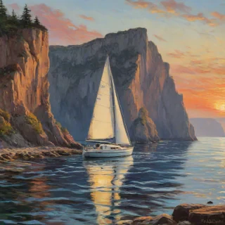 impressionism painting of a sailboat on the water with cliffs surrounding the water with a beautiful sunset in the background