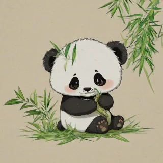 Chibi anime of a giant panda sitting down, while eating bamboo