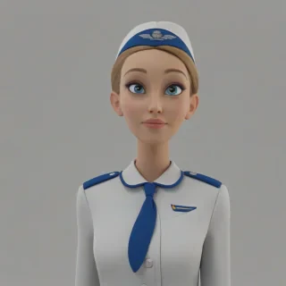 3d cartoon animation of a female flight attendant, wearing full uniform, large eyes, rounded facial features, full body visible, on a plain white background, even lighting