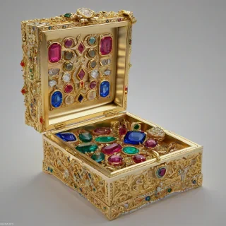 A beautiful, intricately designed gold jewelry box, with the lid opened, revealing a treasure trove of vibrant, colorful jewels inside, including rubies, emeralds, sapphires, and diamonds, all set against a plain white background, in a wide shot with the entire box visible, and the jewels sparkling with a soft, warm light, in a digital art style with precise details and textures, full-body view of the box, on a plain white background, even lighting
