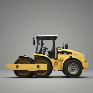 A hyper-realistic yellow road roller machine, full-body view, with a wide shot, with precise texture and intricate details, on a plain white background, with no shadows, in a digital art style, with the machine's wheels and roller clearly visible,, on a plain white background, even lighting 
