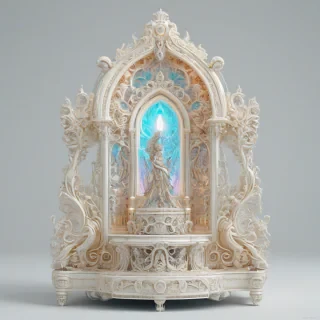 A highly detailed, full-body view, wide shot, of a futuristic, elegant, ivory, Baroque-style holographic display on a plain white background, with intricate carvings and ornate details, emitting a soft, warm glow, in a digital art style with vibrant colors and dynamic shadows, on a plain white background, even lighting