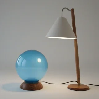 A table lamp with a wood cone shaped base and a blue glass orb shade, wide shot, full-body view, on a plain white background, with soft, warm lighting, in the style of a minimalist digital illustration, on a plain white background, even lighting 