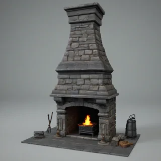 game asset style mid evil stone chimney over cast iron stove