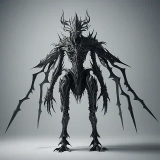 A large, full-body, silver, gothic creature with intricate details, standing on a plain white background, in a wide shot, with dynamic shadows, a hard rim light, and a dark, mystical atmosphere, in the style of a digital illustration, with soft, bright, even lighting.