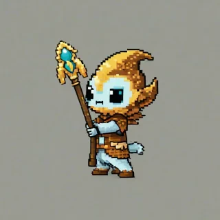 Chibi pixel art style, old sky creature holding a staff, on a plain white background, even lighting