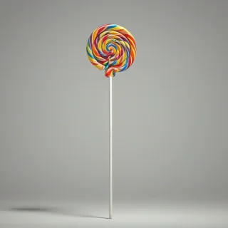 A colorful swirled lollipop, full-body view, on a plain white background, with a wide shot, and dynamic lighting, in a digital art style, with vibrant colors and detailed textures, and the lollipop is standing upright with its stick visible, on a plain white background, even lighting 