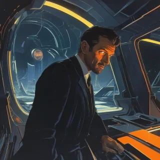 Syd Mead style art of a man with glowing eyes