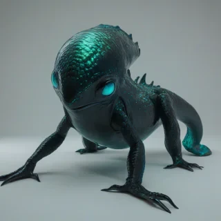A full-body view of a mysterious, black, underwater creature, with dark, glossy scales, and large, glowing eyes, set against a plain white background, in a cinematic, wide-angle shot, with soft, blue-green lighting, and subtle, dynamic shadows, in the style of a dramatic, digital illustration, on a plain white background, even lighting, on a plain white background, even lighting 