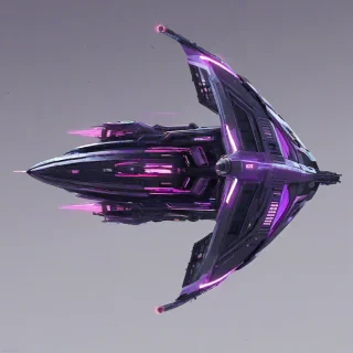 A majestic, futuristic space station with a predominantly lavender-colored hull, set against the inky blackness of space, with sleek, metallic accents and a sense of dynamic movement, as if it's hurtling through the cosmos, full-body view, wide shot, on a plain white background, in a digital art style with vibrant, neon-like colors and subtle gradient effects, on a plain white background, even lighting