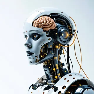 A humanoid cyberpunk style robot with clear glass for a face, displaying a human brain hooked up to several wires inside the robot's face