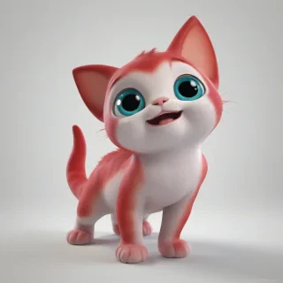 A cartoon style red cute baby half fish half cat with a smile, in 3D animation style, full-body view, with bright and vibrant colors, standing on a plain white background, with a wide-angle shot, and dynamic lighting, featuring a small, rounded body, large eyes, and a tiny nose, with a happy and playful expression, on a plain white background, even lighting,, on a plain white background, even lighting 