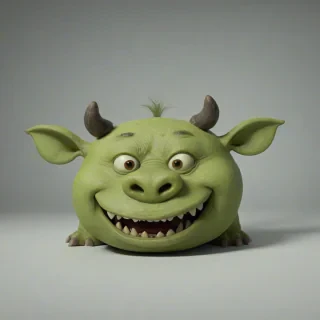 animation style, olive green ogre, with a pig nose, big pointy ears, large fangs, rounded features, kid friendly, on a plain white background, even lighting