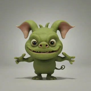 animation style, olive green ogre, with a pig nose, big pointy ears, large fangs, rounded features, kid friendly, on a plain white background, even lighting