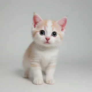 Purikura style photo of a pastel-colored kitten, full-body view, with a cute expression, soft focus, and a plain white background, in a wide-angle shot, with dynamic shadows and a hard rim light, digital art style, high saturation, and vibrant colors, on a plain white background, even lighting
