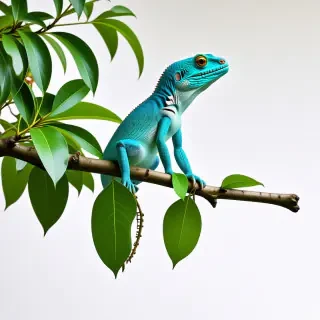 blue lizard sitting on a tree branch with green leaves