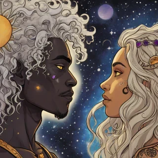 cartoon animation style profile views of a man and woman facing each other. The woman has inky black skin with galaxy tattoos and long curly white hair and purple eyes. The man has tan skin with yellow sun tattoos and golden blonde hair and blue eyes. The man represents the son and the woman represents the moon