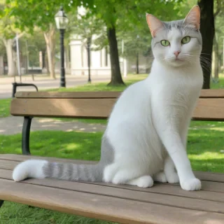 A full-body view of a grey and white cat, with bright green eyes, sitting on a bench in a park, in a wide shot, with its fur fluffy and well-groomed, in a digital art style, with soft lighting and subtle shadows